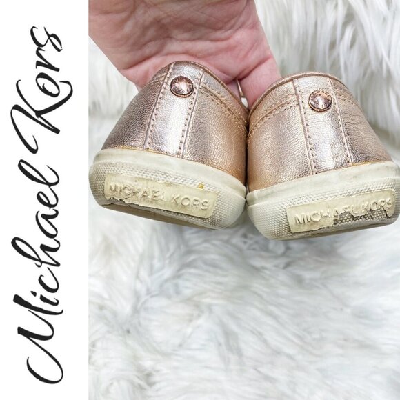 MICHAEL KORS ROSE GOLD METALLIC STUDDED LOW TOP LEATHER SNEAKERS, SIZE 6.5 - Picture 9 of 12